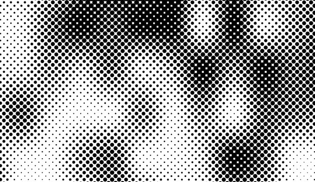This grayscale halftone image features a detailed pattern of black dots against a white background, creating a dynamic visual texture with varying densities and tonal contrasts