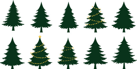 Set of 10 silhouette Christmas trees with gold star garlands, festive evergreen tree vector icons, holiday decoration bundle