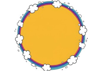 Whimsical Rainbow and Cloud Circle Frame with Yellow Copy Space