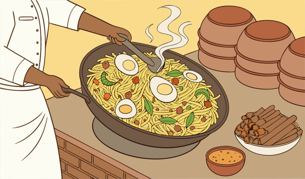 &ldquo;A highly detailed close-up illustration of a Pakistani chef garnishing a huge steaming deg of biryani: saffron rice, tender meat pieces, boiled eggs, green chilies, fried onions, and coriander leaves