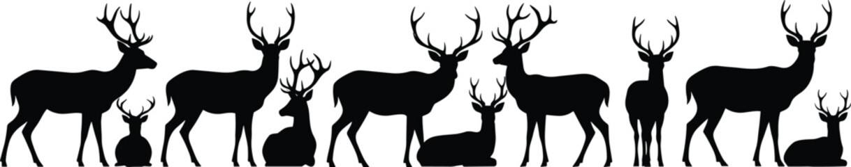 Set of deer silhouettes – stag and buck vector illustrations for wildlife, forest, and nature-themed designs