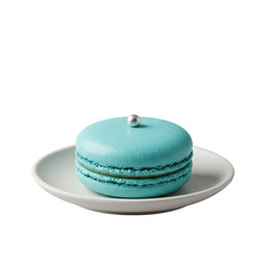 A perfectly round artisanal macaron with a glossy cyan blue glaze and edible silver pearl, on a minimalist white ceramic plate, isolated on transparent, soft studio lighting, concept of gourmet