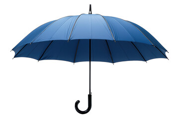 Blue umbrella with curved handle designed for effective weather protection, PNG, isolated on transparent background.