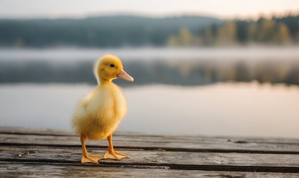A baby duck stands on a dock by a lake