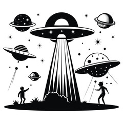 Silhouette illustration of an alien abduction scene isolated on white background featuring ufo, planets, and people