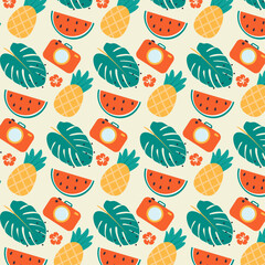 Summer seamless pattern with watermelon, pineapple, leaf. Vector summer illustration. Cute design for fabric, paper.