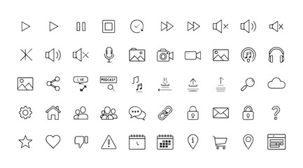 Collection of minimalist black and white icons representing various digital functions silhouette
