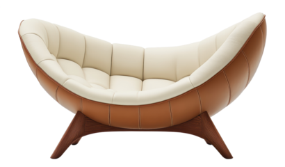 Designer sofa in elegant cream and brown tones ideal for modern interior decor, PNG, isolated on transparent background.