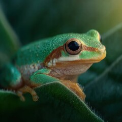 Obraz premium A Small Green Frog Sits Comfortably on a Lush Green Leaf in the Morning Sunlight