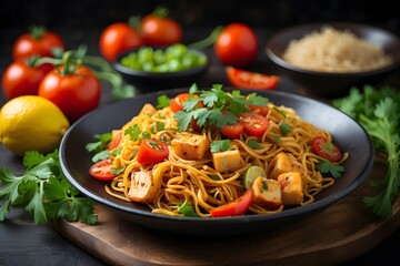 Asian Noodle Bowl with Tofu and Fresh Vegetables