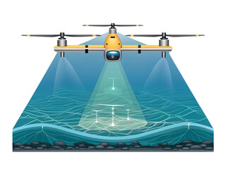 Drone surveying water isolated on white background