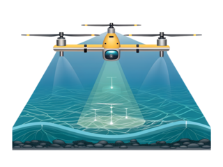 Drone surveying water isolated on white background