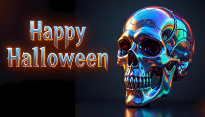 Happy Halloween Metallic Skull Illustration Colorful Reflective Design with Gradient Glowing Text Dark Background with Artistic Spooky Vibes