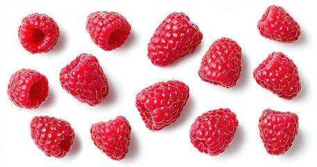 Vibrant red raspberries, scattered irregularly, cast soft shadows on a bright white surface. Bright, juicy, and ripe, arranged artfully