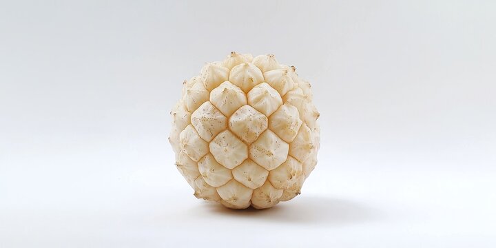 A single, spherical Buddha's head fruit rests on a white surface. The fruit has a textured, bumpy exterior, resembling a miniature, pale-colored globe.
