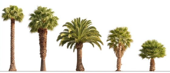 Isolated palm tree assortment, featuring varied types and sizes against a white background. Green foliage crowns textured trunks, casting soft shadows