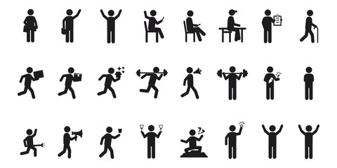 Diverse Stick Figure Icons Showing People Working Exercising Celebrating on White Keywords: stick