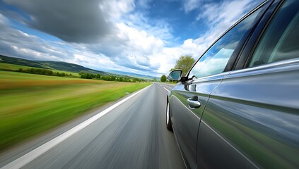 Obraz premium Driving on a scenic highway with a blurred landscape and cloudy sky