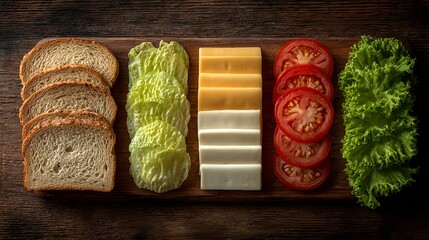 Close-up composition of healthy sandwich ingredients on a rustic wooden board. Sliced whole grain bread, fresh lettuce, red and yellow tomatoes, and sliced cheese arranged neatly, symbolizing freshnes