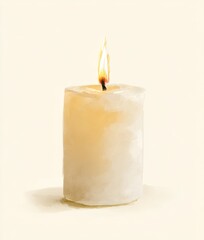 A candle is lit and is sitting on a white background
