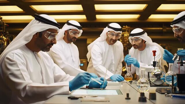 Group of Arab men in kanduras working with pipettes and glassware in laboratory research