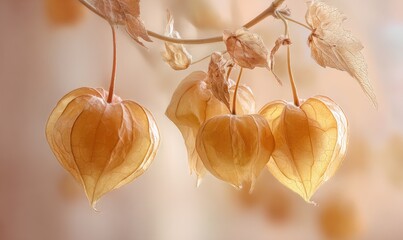 Three yellow flowers are hanging from a branch