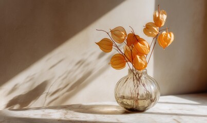 A vase of flowers sits on a table, with the sun shining on it