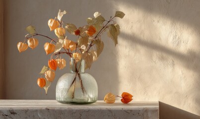 A vase of flowers sits on a table, with a few leaves scattered around it