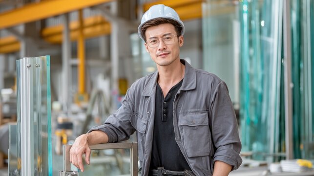 A factory worker wearing a hardhat, looking confidently at the camera with a manufacturing facility in the background