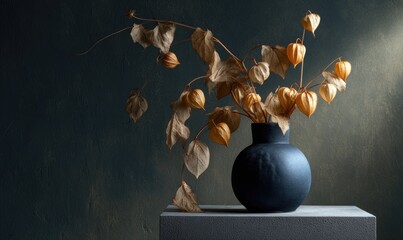 A vase of dried flowers sits on a stone surface