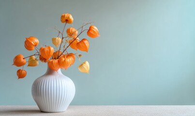A vase of orange flowers sits on a table