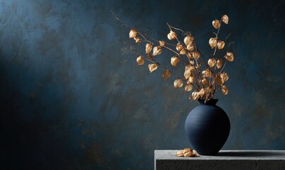 A vase of dried flowers sits on a table