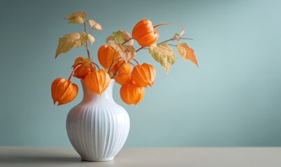 A vase of orange flowers sits on a table