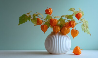 A vase of orange flowers sits on a table