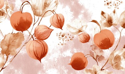 A painting of a bunch of orange flowers with leaves