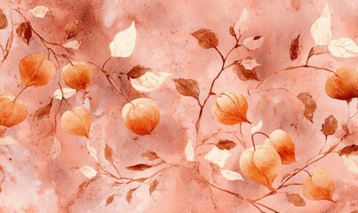 A painting of a tree with orange leaves and orange flowers