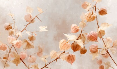 A painting of a branch with orange flowers on it