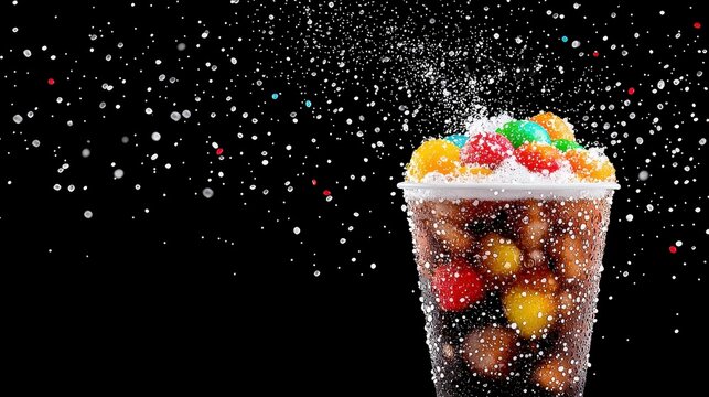 Colorful Candies in Fizzy Dark Liquid Splashing Against Black Background, Generative AI