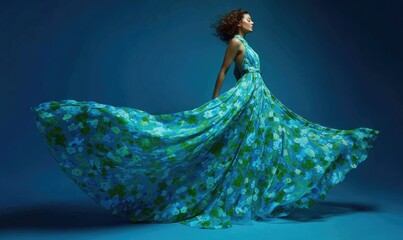 A woman in a long blue dress with flowers on it is standing in front of a blue b