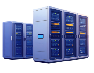 Rows of server racks, light gray and dark blue, with various technical components