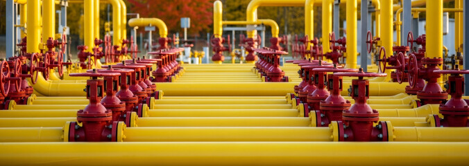 Fototapeta premium Rows of long yellow gas pipes with red valves for gasification of cities. Pipeline infrastructure for natural gas transportation.