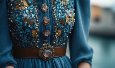 A woman is wearing a blue dress with a brown belt and a necklace