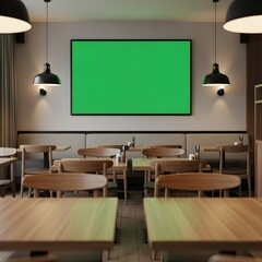 Interior of a modern restaurant with wooden tables chairs and a green screen for customization