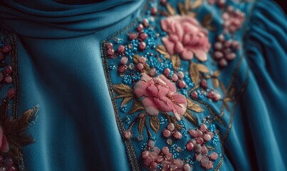 A blue dress with pink flowers embroidered on it