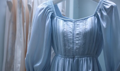 A blue dress with a white stripe is hanging on a rack
