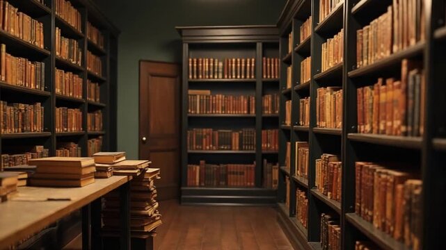 Vintage library with a huge academic books collection at a higher education school, university campus with a designated space for learning and doing research. Self development. Camera B.