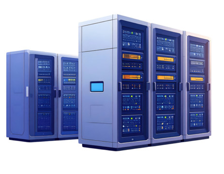 Rows of server racks, light gray and dark blue, with various technical components