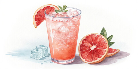 Illustration of watercolor illustration of a refreshing grapefruit cocktail