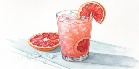 Illustration of watercolor illustration of a grapefruit cocktail on towel