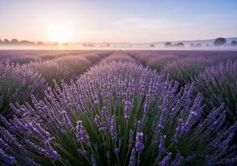 Fototapeta premium The tranquil beauty of a misty sunrise over endless rows of blooming purple lavender in a rural landscape